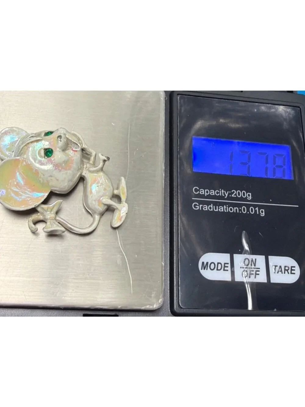 Vintage 60s Pearlescent White Mouse Pin Brooch Iridescent Rhinestone 1.5